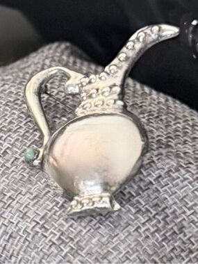 Vintage Mexican Sterling Silver Pitcher Brooch W/ Turquoise